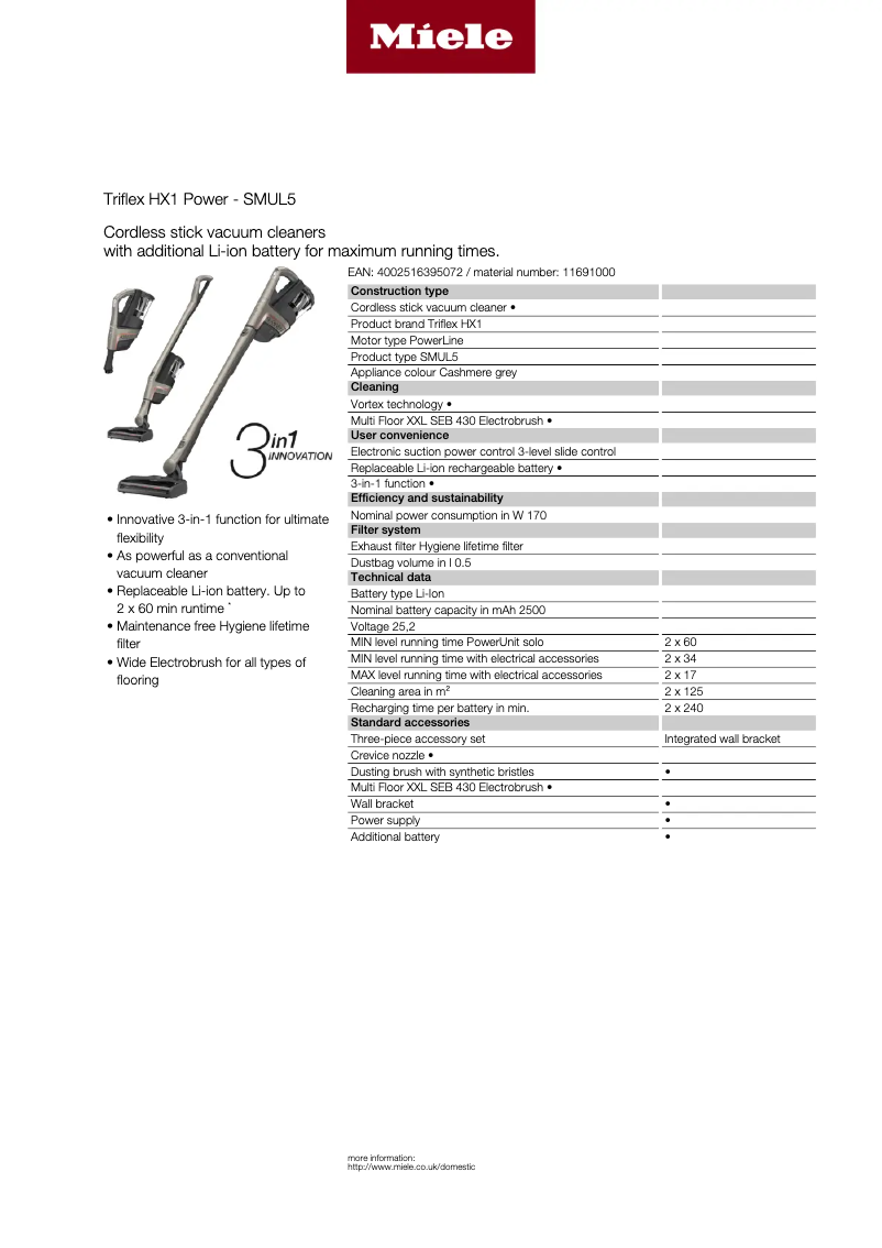 Page 1 of the manual Technical Sheet Miele Triflex HX1 Power