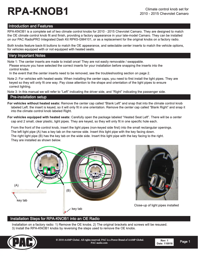 First page image of the manual for RPA-KNOB1