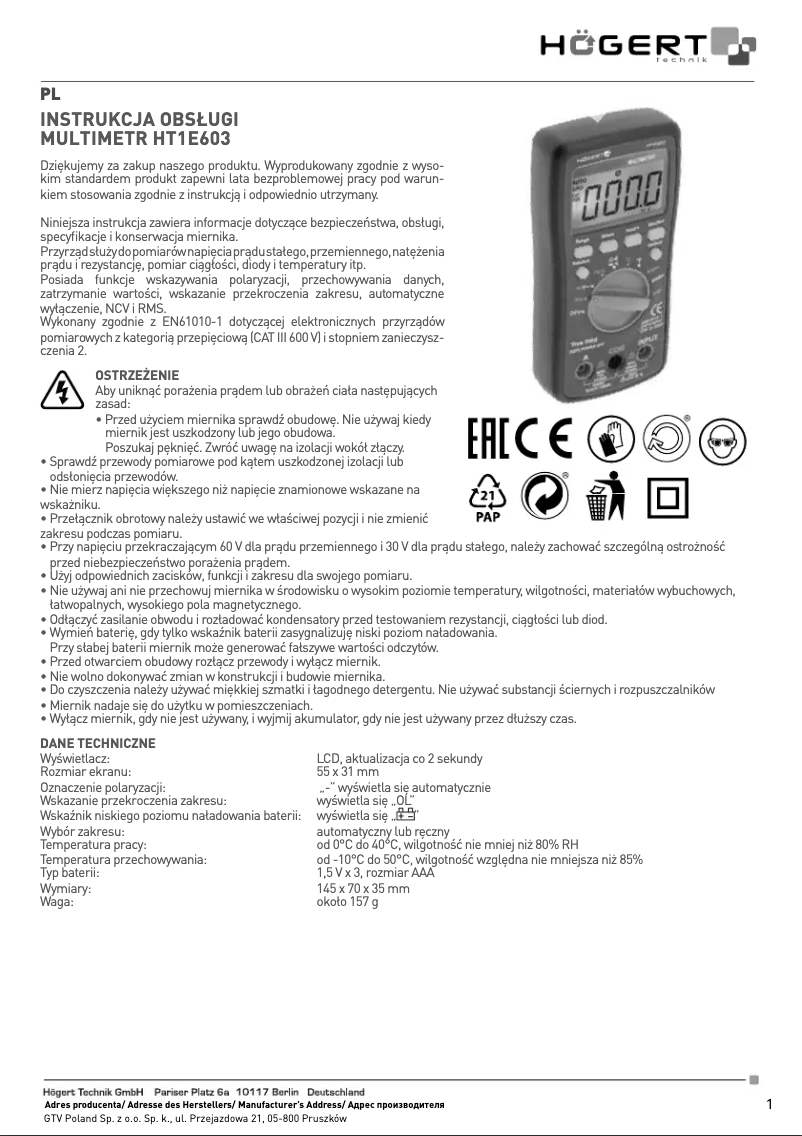Page 1 of the manual User Manual Högert HT1E603