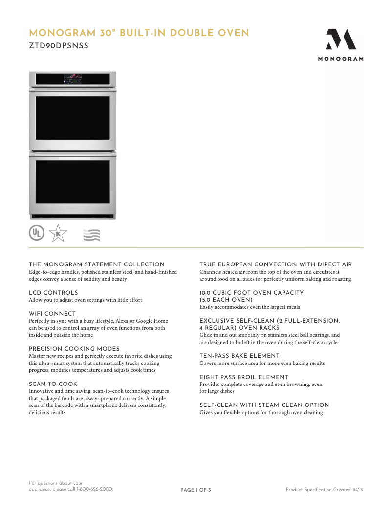 Page 1 of the manual Technical Sheet Monogram ZTD90DPSN