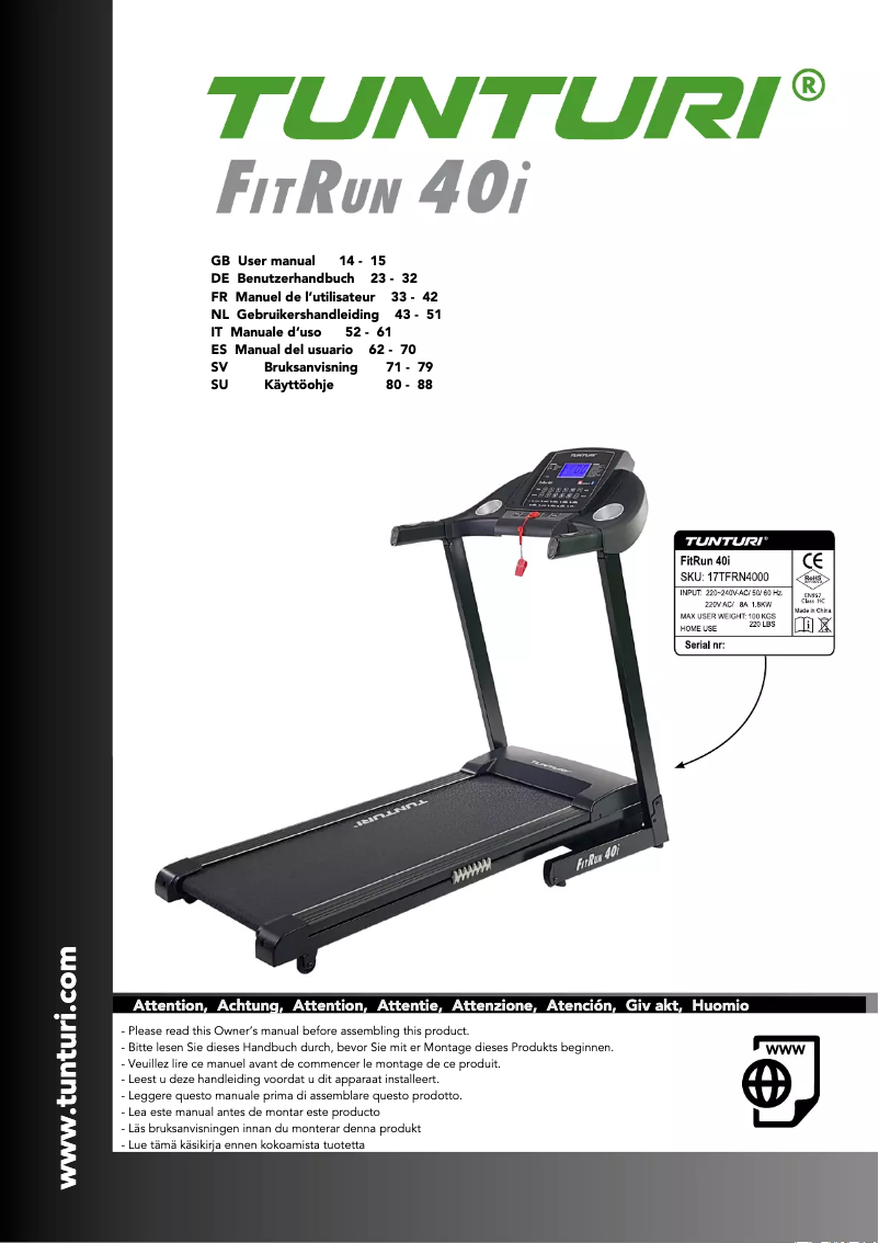 Page 1 of the manual User Manual Tunturi FitRun 40