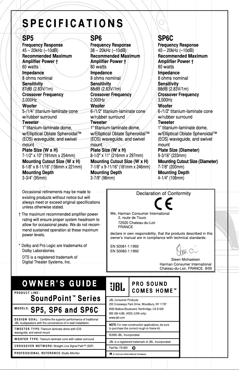 Page 1 of the manual User Manual JBL SoundPoint SP6
