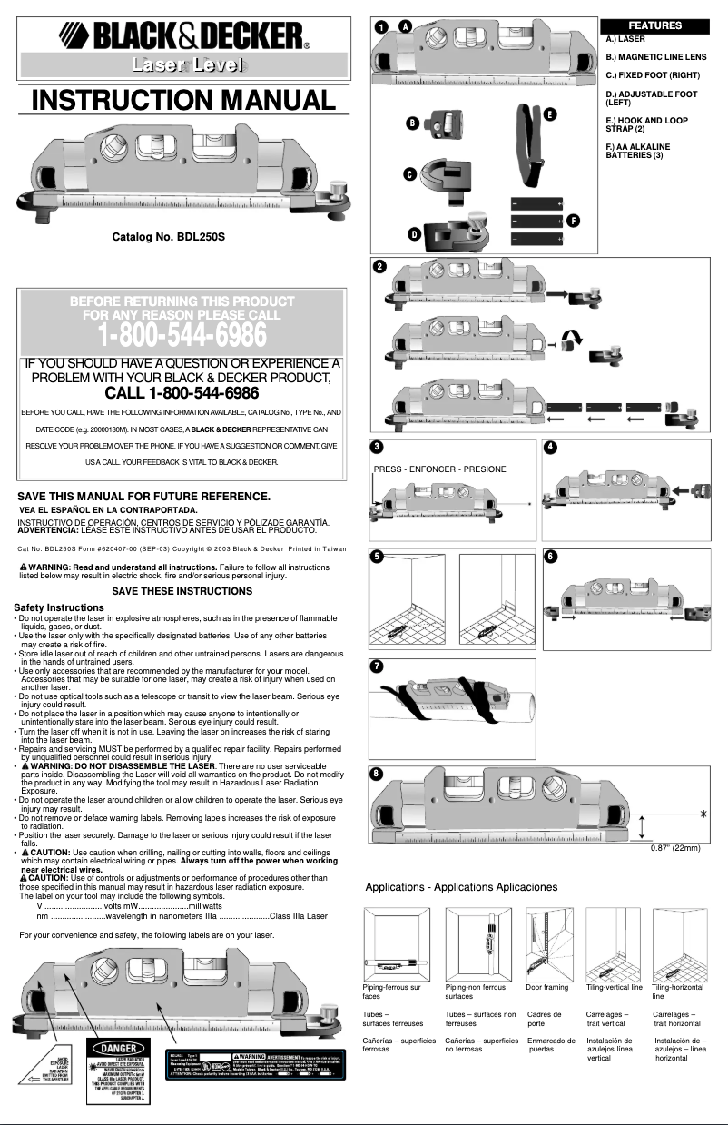 Page 1 of the manual User Manual Black & Decker BDL250S