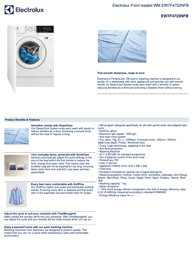 Page 1 of the manual Technical Sheet Electrolux EW7F4722NFB