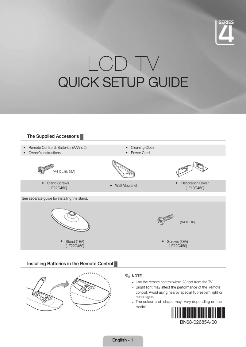 Page 1 of the manual Installation Guide Samsung LE19C450E1W