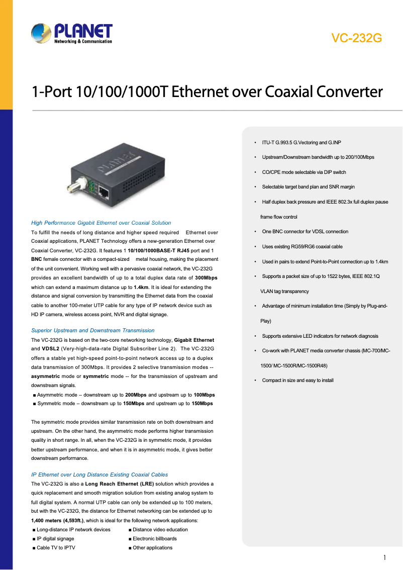 Page 1 of the manual Technical Sheet Planet VC-232G