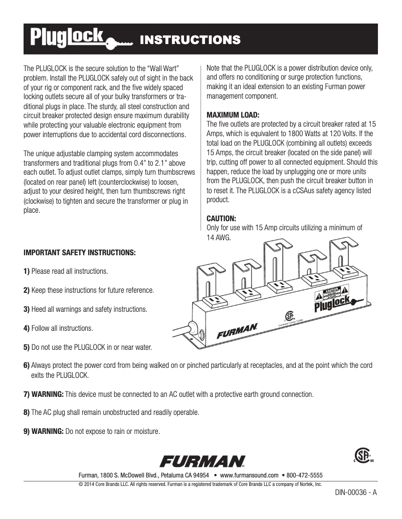 Page 1 of the manual User Manual Furman PLUGLOCK