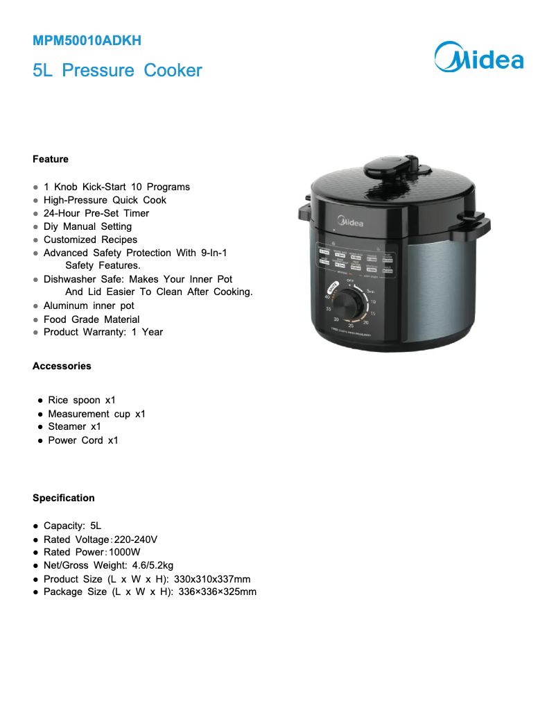 Page 1 of the manual Technical Sheet Midea MPM50010ADKH