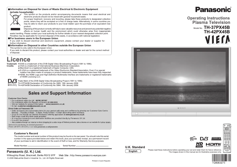 First page image of the manual for Viera TH-37PX45B