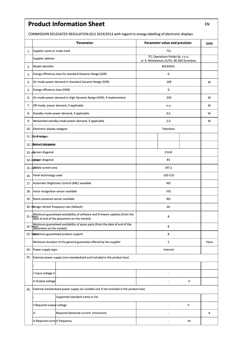 Page 1 of the manual Technical Sheet TCL 43C645