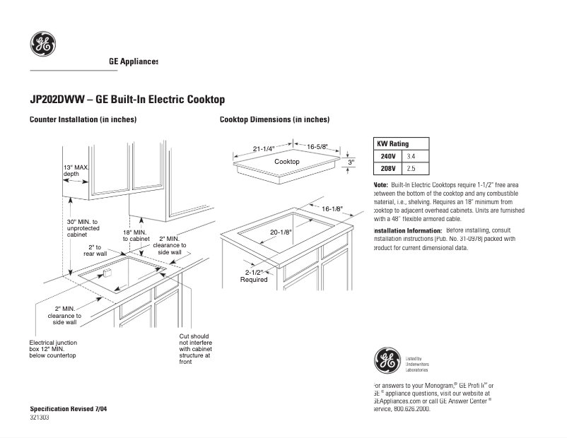 Page 1 of the manual Technical Sheet GE JP202DWW