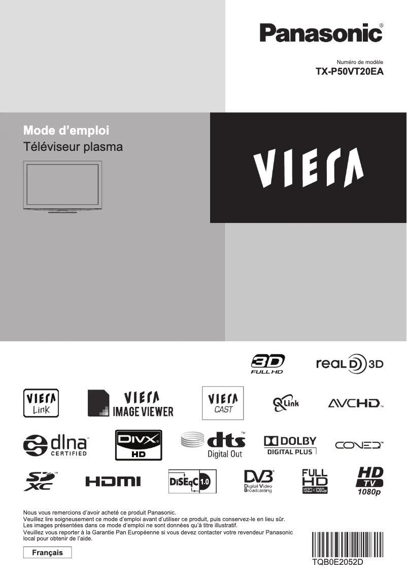 Page 1 of the manual User Manual Panasonic TX-P50VT20EA