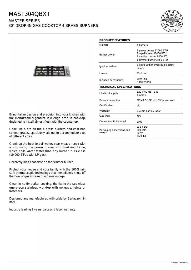 Page 1 of the manual Technical Sheet Bertazzoni MAST304QBXT
