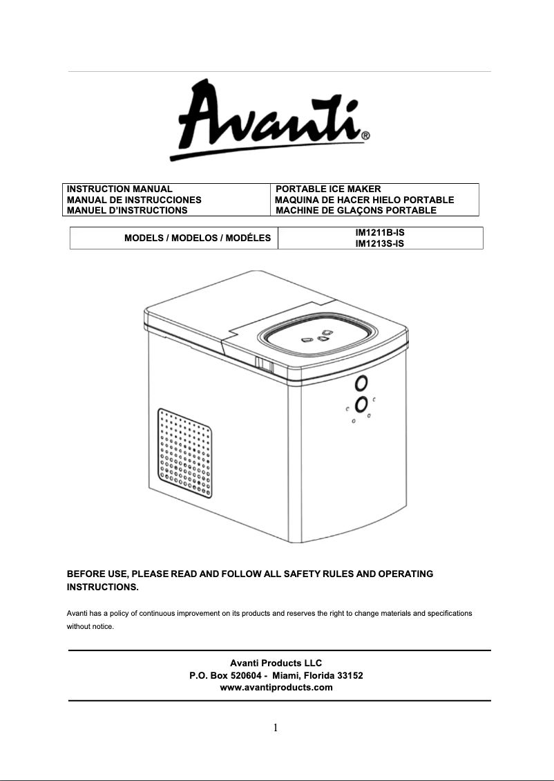 Page 1 of the manual User Manual Avanti IM1213S-IS