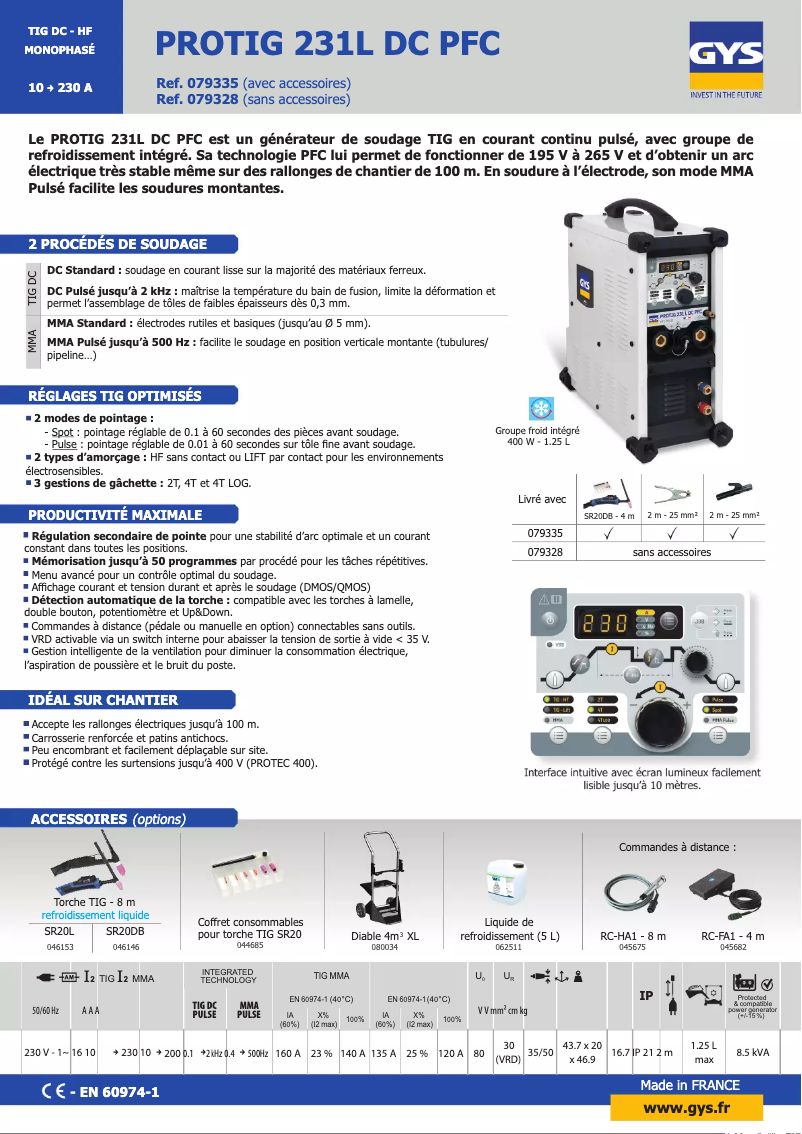Page 1 of the manual Technical Sheet GYS Protig 231L DC PFC