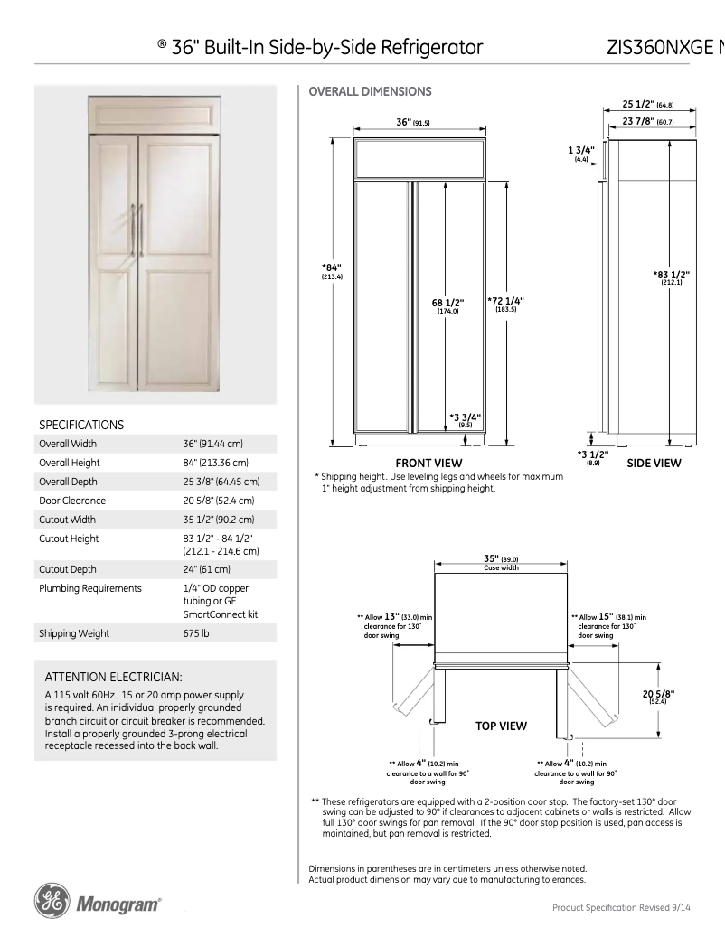 Page 1 of the manual Technical Sheet GE ZIS360NX