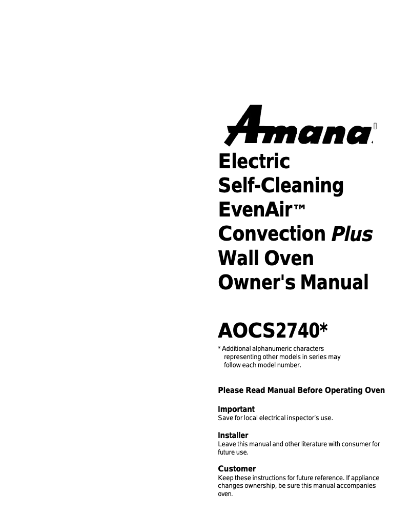 Page 1 of the manual User Manual Amana AOCS2740E