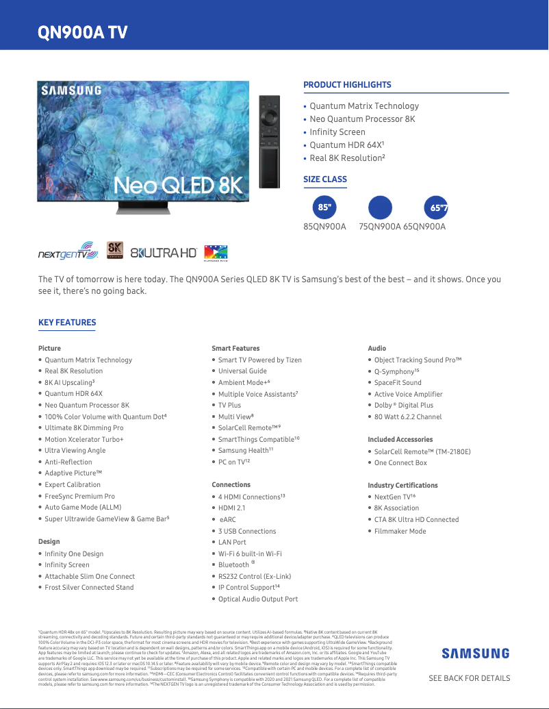 Page 1 of the manual Technical Sheet Samsung QN65QN900A