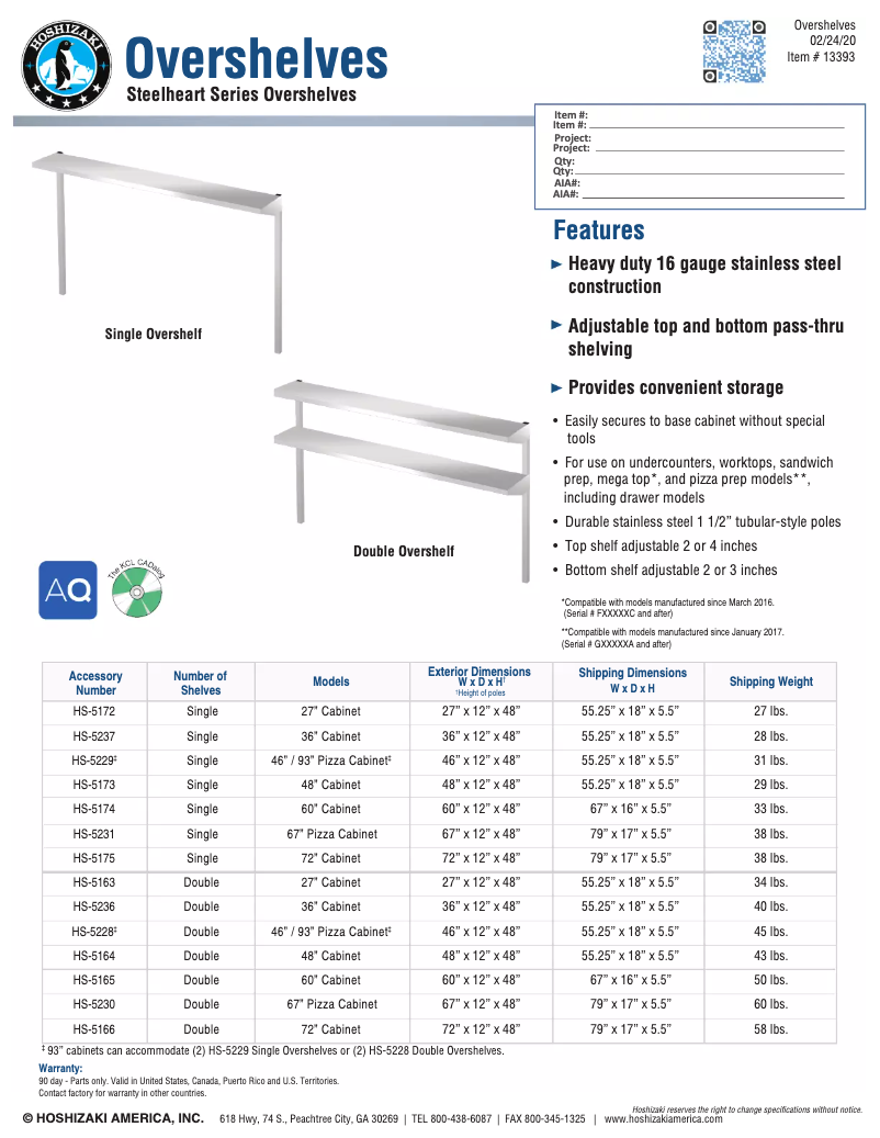 Page 1 of the manual Technical Sheet Hoshizaki Steelheart HS-5236