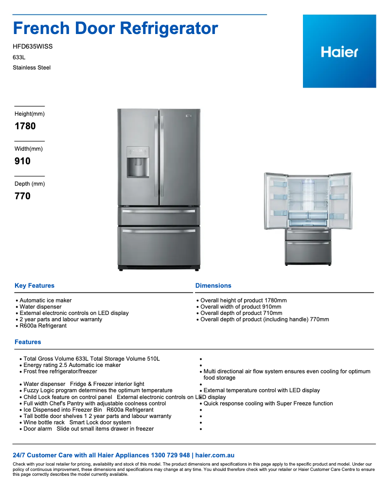 Page 1 of the manual Technical Sheet Haier HFD635WISS