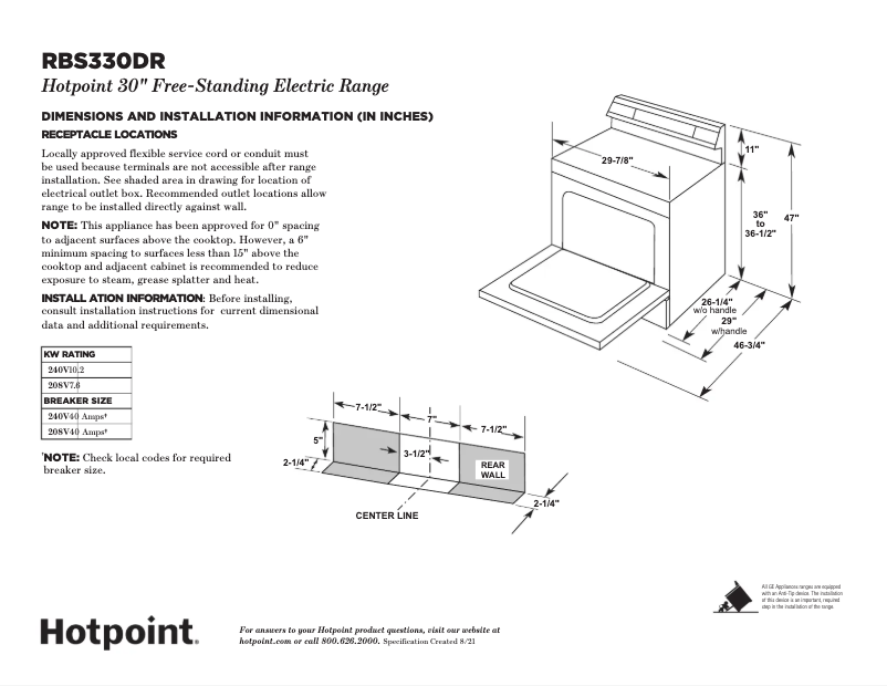 Page 1 of the manual Technical Sheet Hotpoint RBS330DRWW