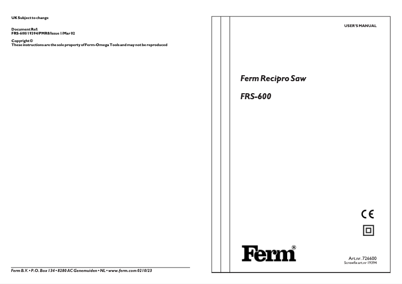 First page image of the manual for FRS-600