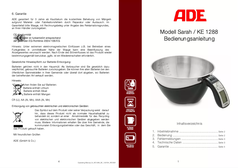 First page image of the manual for Sarah KE 1288