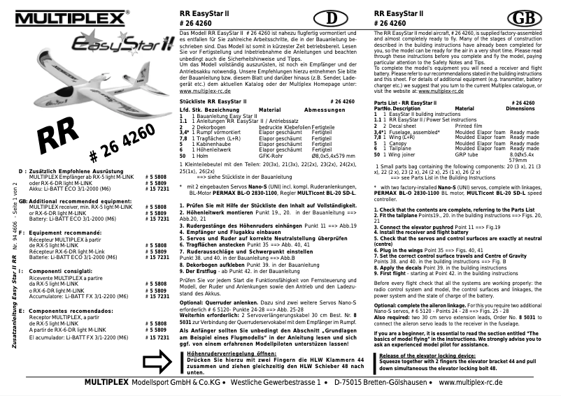 Page 1 de la notice Manuel utilisateur Multiplex RR EasyStar II + BL motor
