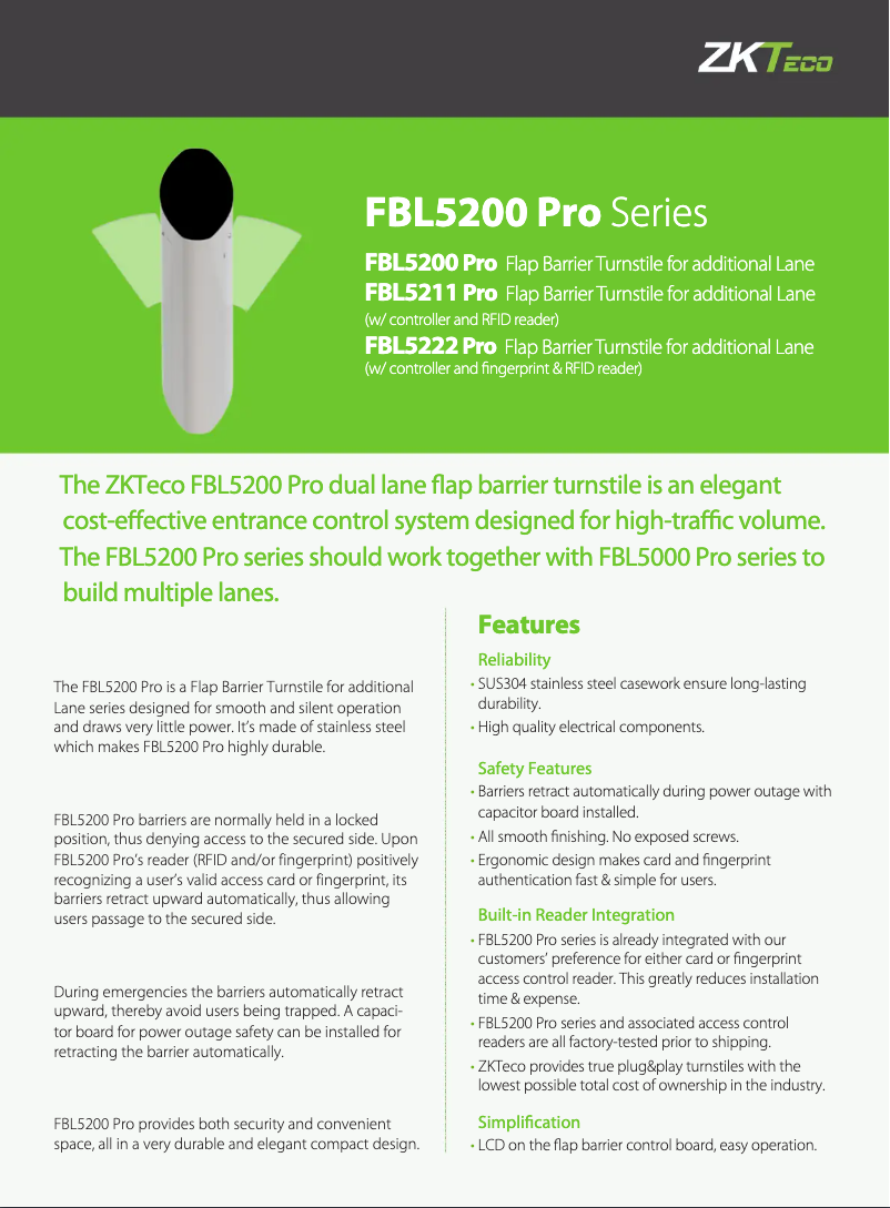 Page 1 of the manual Technical Sheet ZKTeco FBL5200 Pro