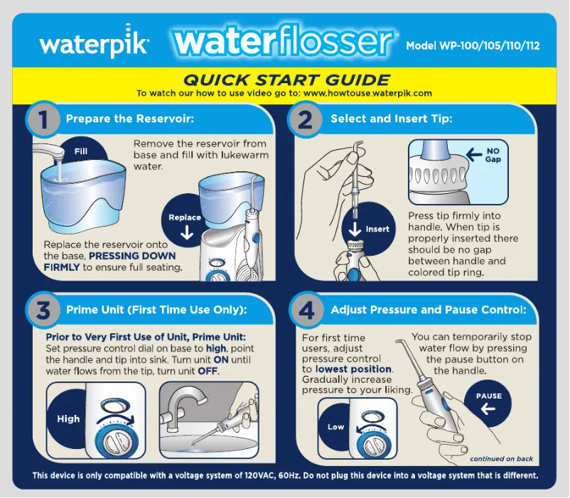 Page 1 of the manual Quick Start Guide Waterpik WP-100 Ultra