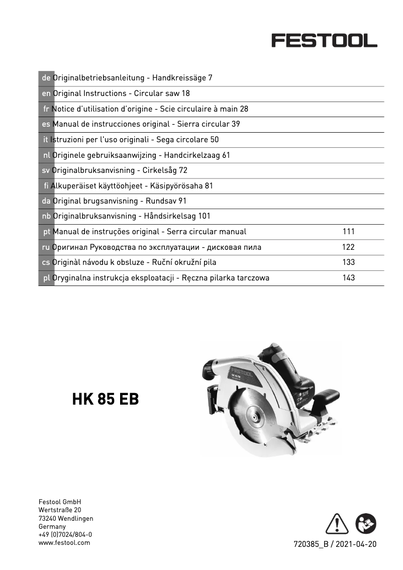 First page image of the manual for HK 85 EB-Plus-FS