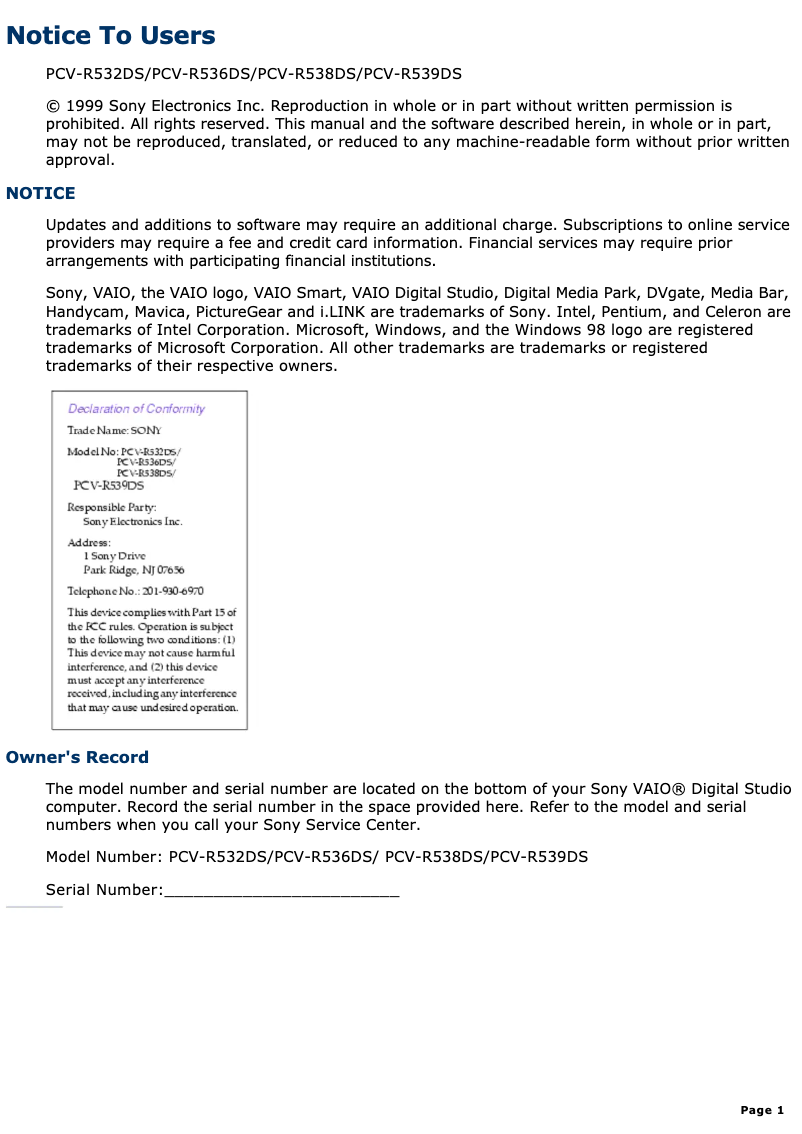 First page image of the manual for Vaio PCV-R532DS