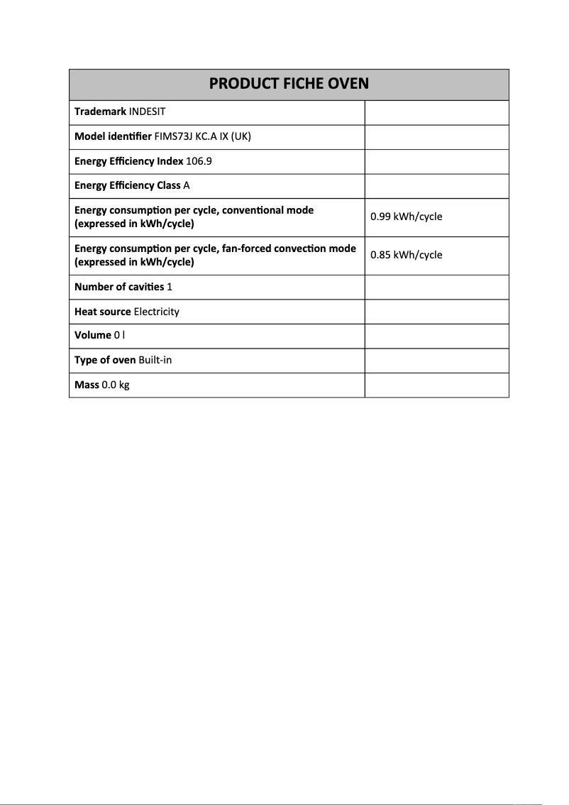 Page 1 of the manual Technical Sheet Indesit FIMS73J KC.A IX (UK)