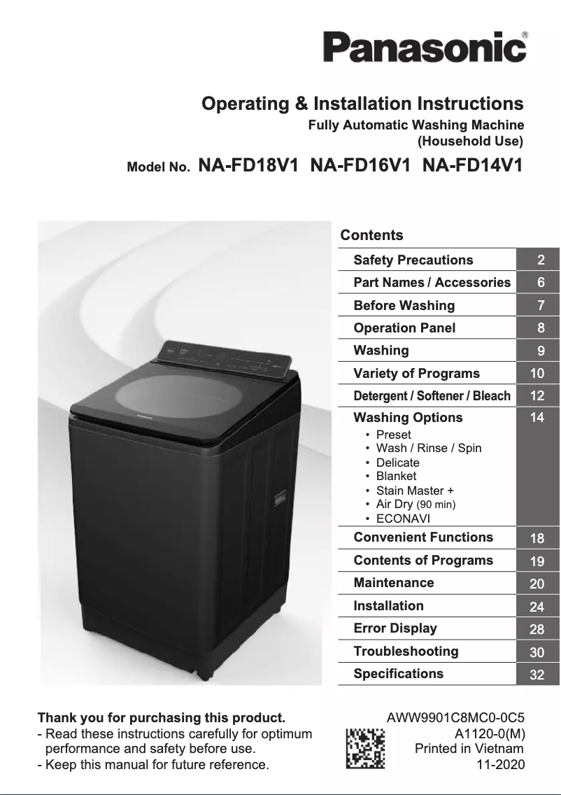 Page 1 of the manual User Manual Panasonic NA-FD14V1