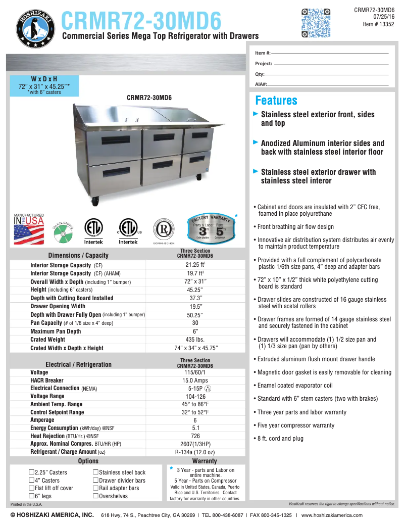 Page 1 of the manual Technical Sheet Hoshizaki CRMR72-30MD6