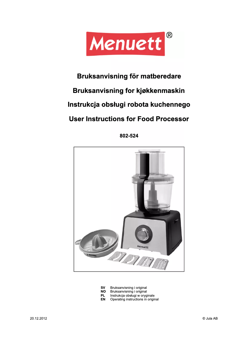 Page 1 of the manual User Manual Menuett 802-524