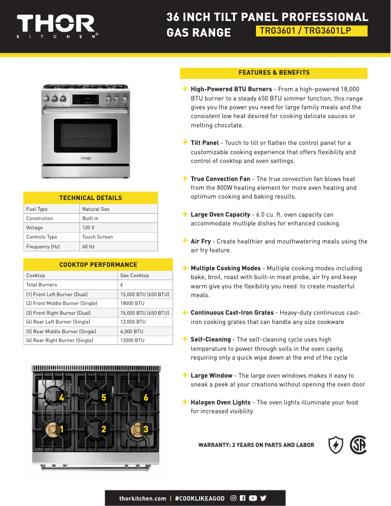 Page 1 of the manual Technical Sheet Thor TRG3601LP
