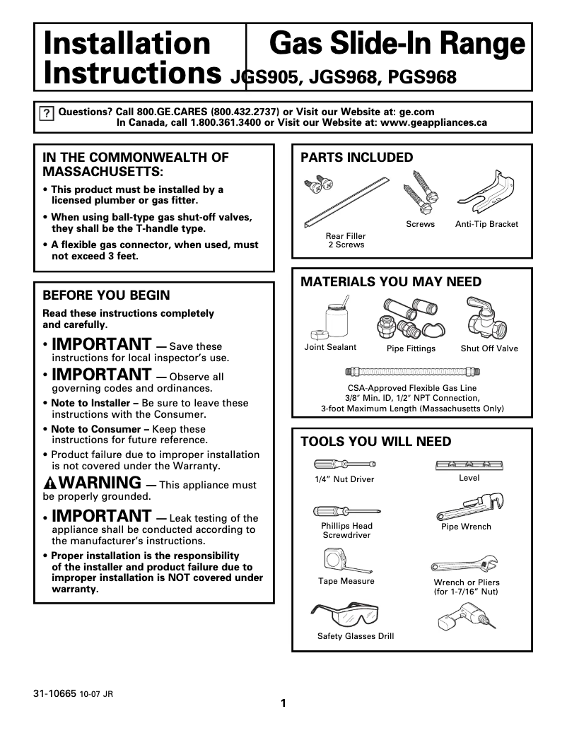 First page image of the manual for JGS905BEKBB