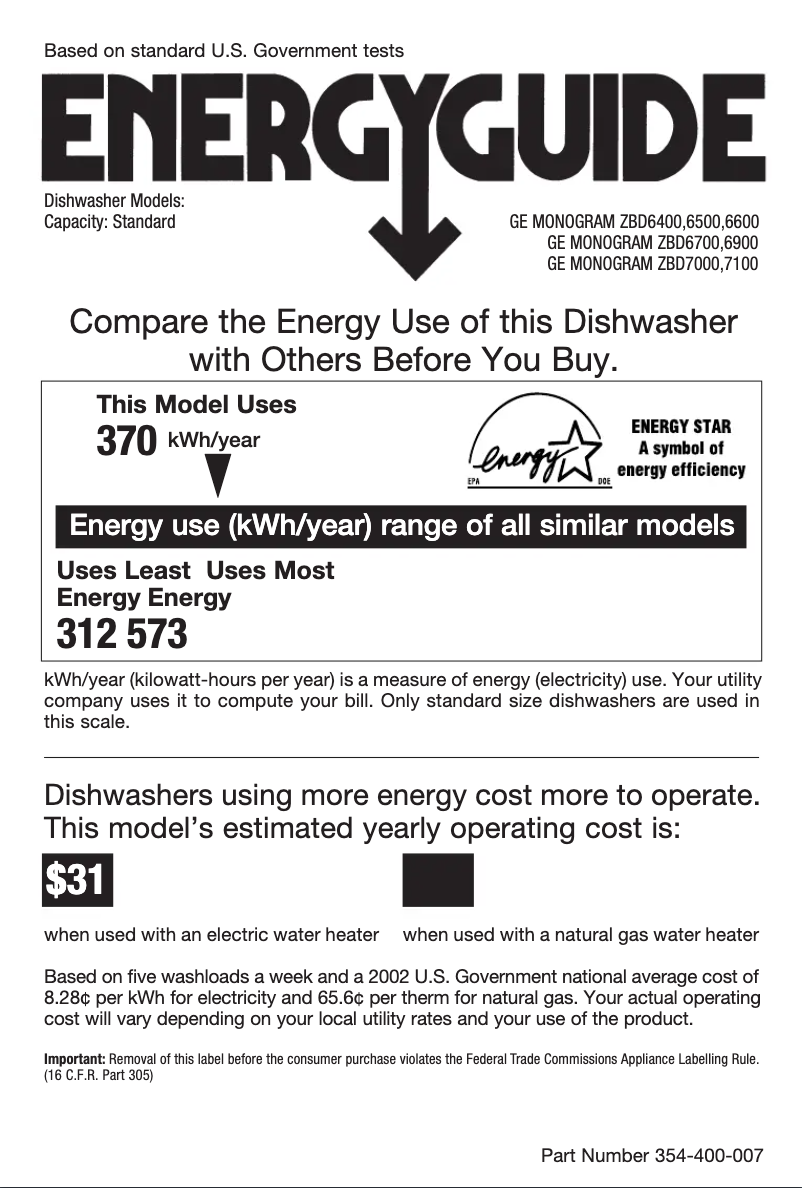 Page 1 of the manual Energy Label GE ZBD6900GSS