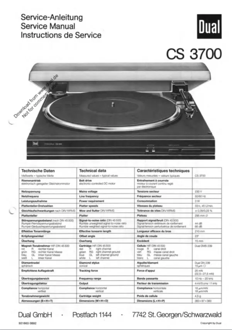 Page 1 of the manual User Manual Dual CS 3700