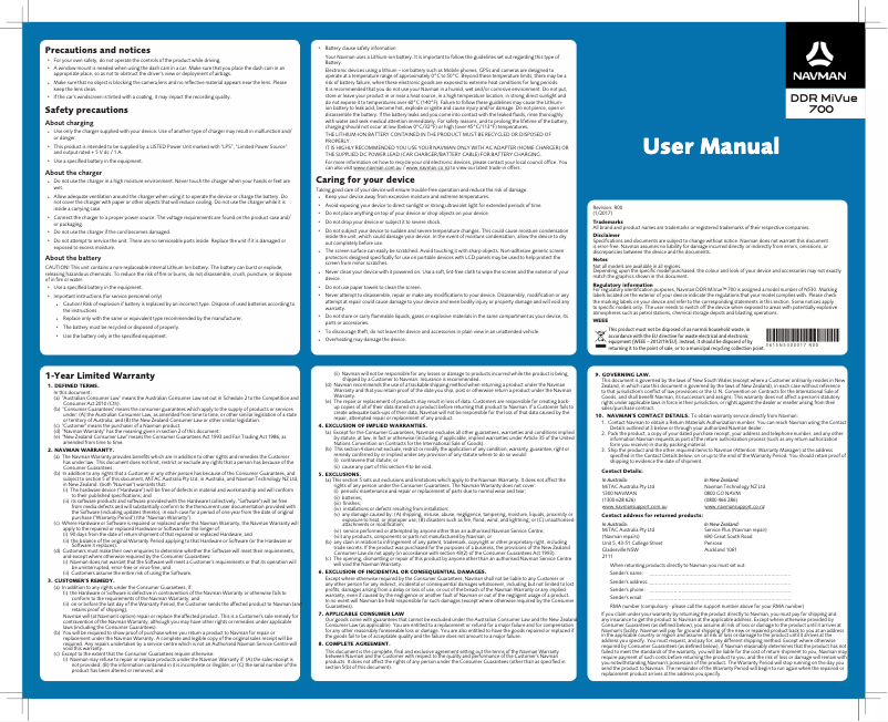 Page 1 of the manual User Manual Navman MiVue 700