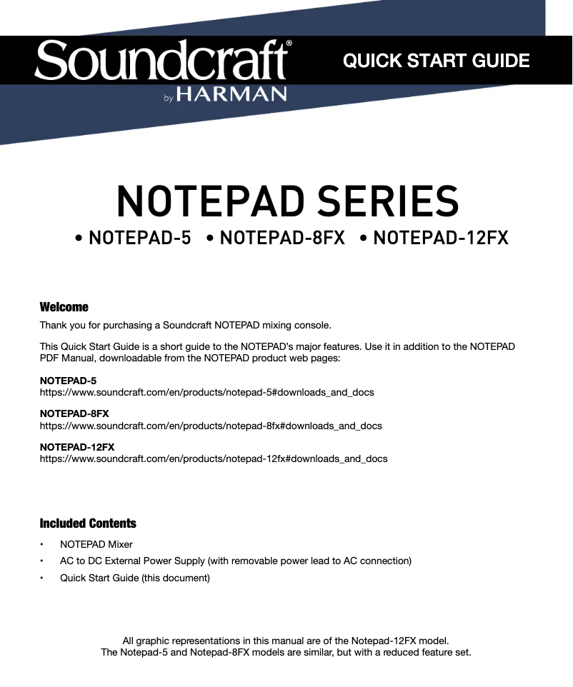 Page 1 of the manual Quick Start Guide Soundcraft Notepad-12FX