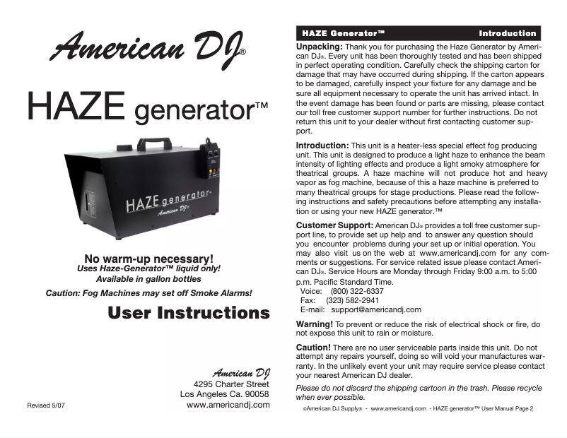 Page 1 of the manual User Manual American DJ Haze Generator