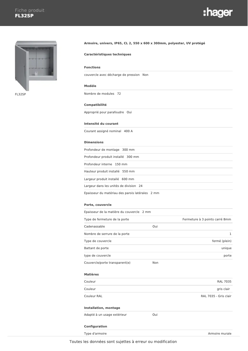 Page 1 of the manual User Manual Hager FL32SP