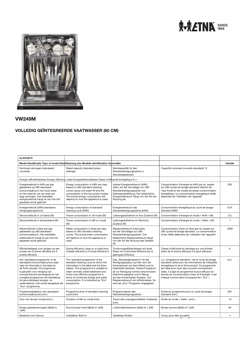 Page 1 of the manual Technical Sheet Etna VW249M