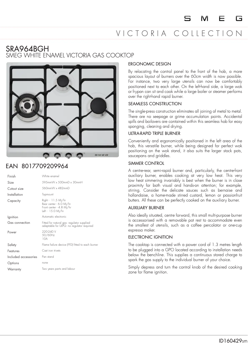Page 1 of the manual Technical Sheet Smeg SRA964BGH