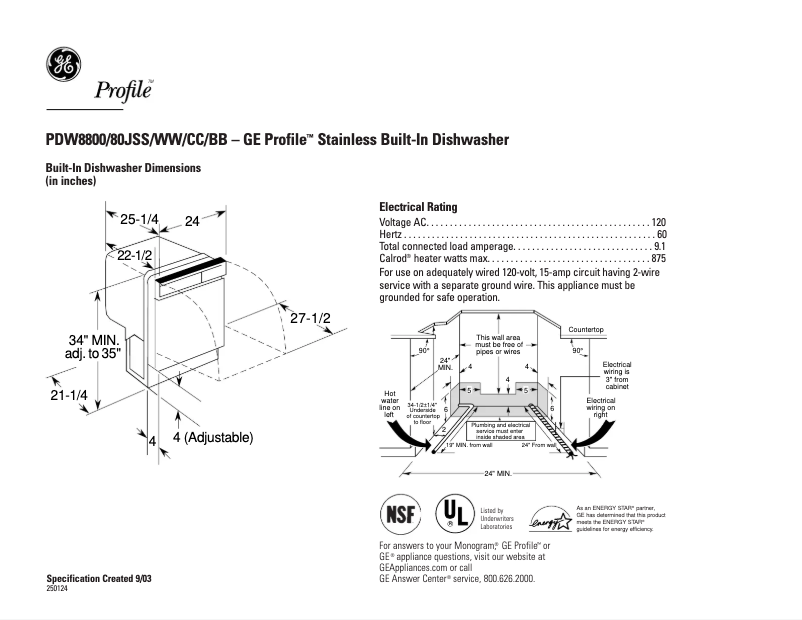 Page 1 of the manual Technical Sheet GE Profile PDW8800JCC