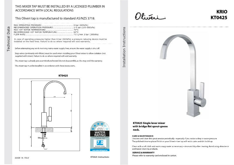First page image of the manual for KT0425