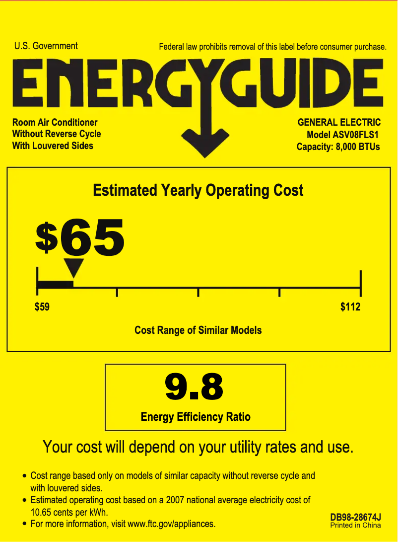 Page 1 of the manual Energy Label GE ASV08FL