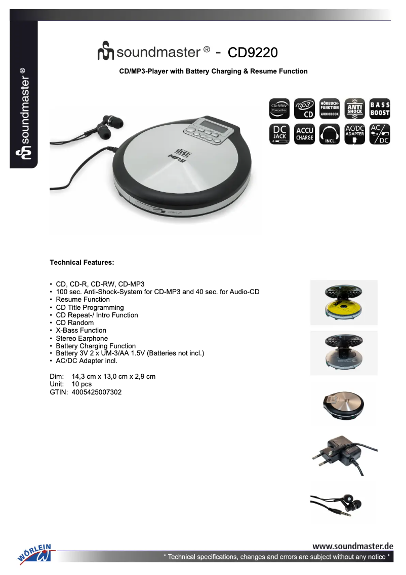 Page 1 of the manual Technical Sheet Soundmaster CD9220